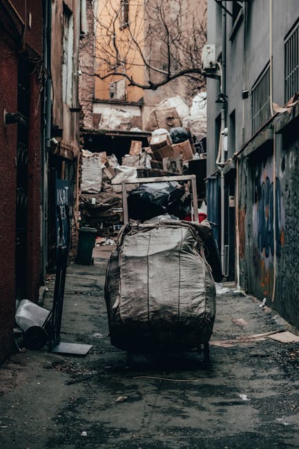 A narrow urban alleyway filled with accumulated rubbish and discarded items, featuring a large bag of waste positioned in the foreground on the cracked pavement. Behind the bag, there are stacks of cardboard boxes, plastic bags, and miscellaneous debris piled against a weathered brick wall with some graffiti. The alley is flanked by tall, closely spaced buildings with a mix of brick and painted siding, and visible pipes and utility boxes on the right side. Bare tree branches extend overhead, suggesting a winter setting with subdued, diffuse natural light illuminating the scene. The cluttered environment reflects the type of privately handled waste clearance often associated with independent rubbish collection services, with no visible municipal bins or official waste infrastructure present. The overall scene emphasizes the importance of proper rubbish removal to maintain urban cleanliness and can relate to services offered by companies such as House Clearance Haringey, who manage on-site waste collection and clearance in residential and commercial areas.